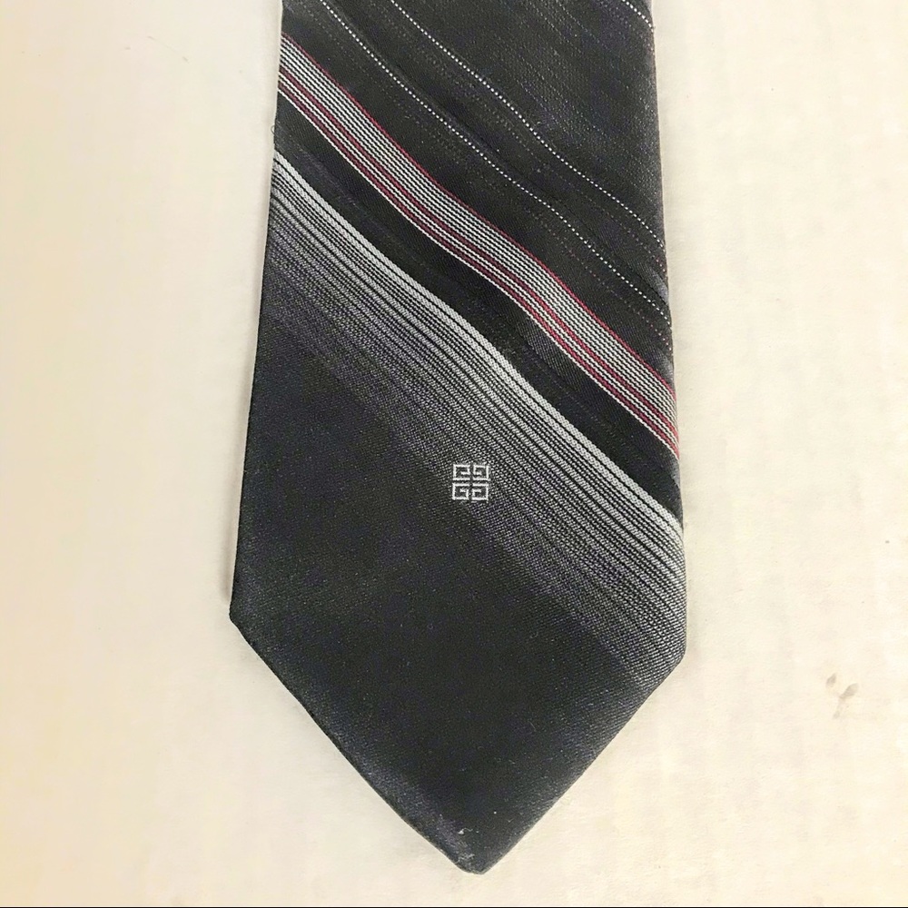 GIVENCHY Dark Gray White Black Thin Red Stripe Tie - Picture 3 of 11